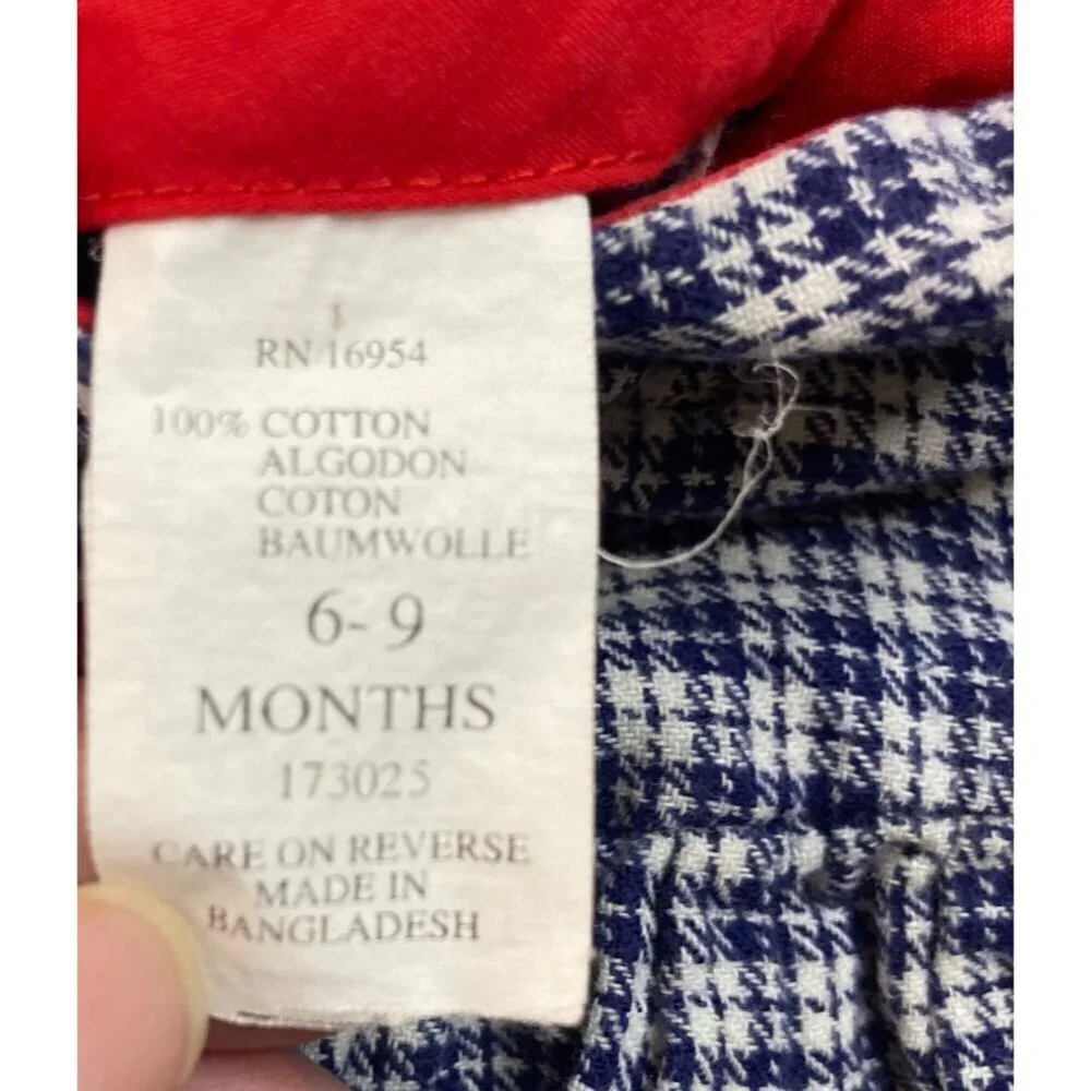 Infants Vintage Hooded‎ Plaid Coverall Bear Blue White Red Cotton 6 - 9mos